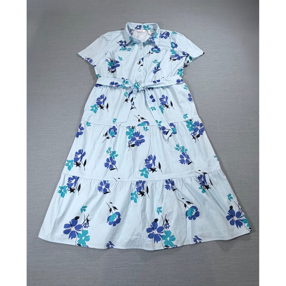 Denim & Co Floral Shirt Dress Womens L Blue Tiered Belted Midi Excellent A653580
